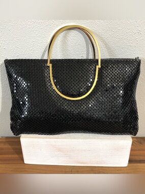 Black Metal Mesh Tote Handbag Gold Tone Oval Handles Y2K Glam Evening Purse Luxe